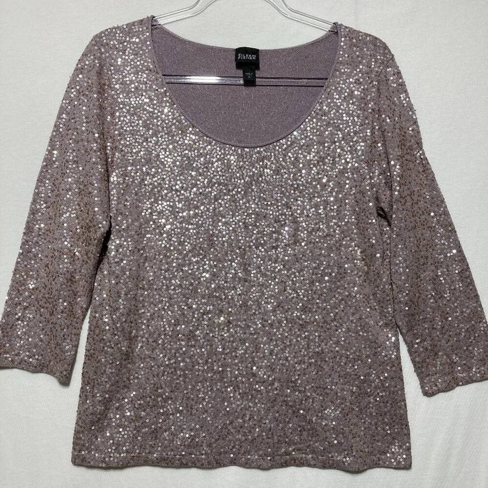 Eileen Fisher Medium Mauve Silk Blend 3/4‎ Sleeve Karma Shimmer Knit Sweater